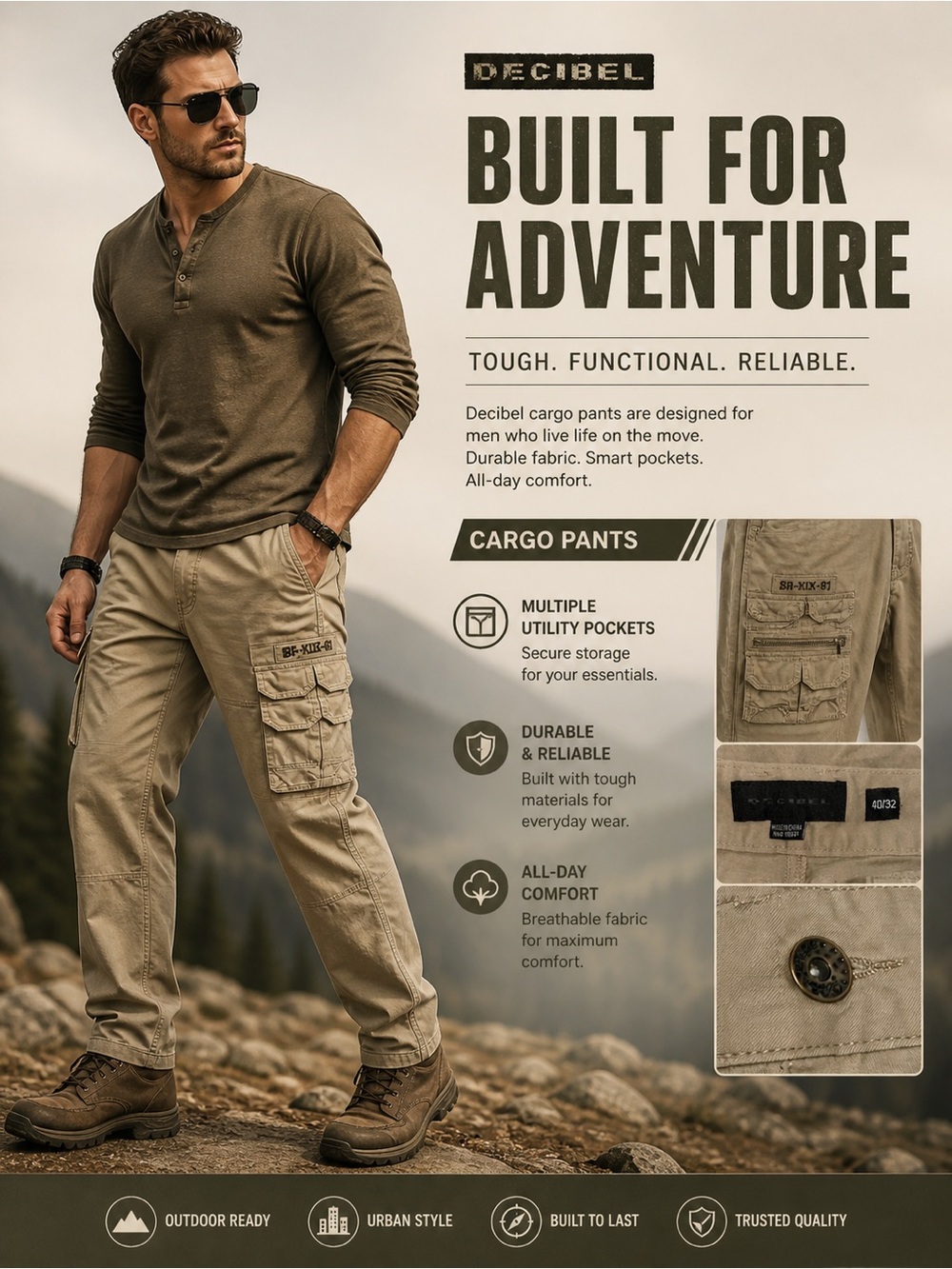 Decibel Men's Pants 40x32 khaki Stretch Denim Pants cargo skinny leg